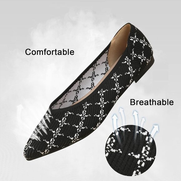 Women's Flats Shoes Pointed Toe Ballet Comfortable Dressy Slip On Stripe Black - Picture 3 of 6